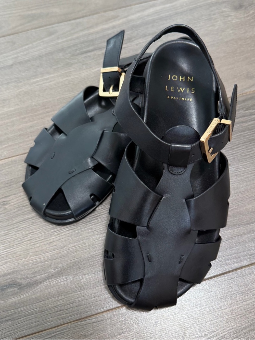 John Lewis Black Leather Fisherman Sandals with Gold Buckle - Picture 9 of 10